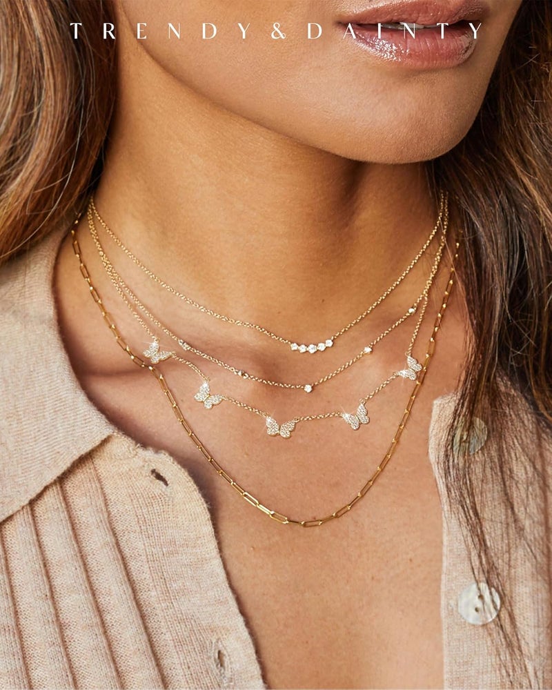 FUNEIA Dainty Silver Gold Necklaces for Women Trendy Non Tarnish 14K Gold Plated Cubic Zirconia Necklace Layered Cute Butterfly Heart Station Choker Necklace Stack for Wedding Prom Brides Jewelry - Image 3